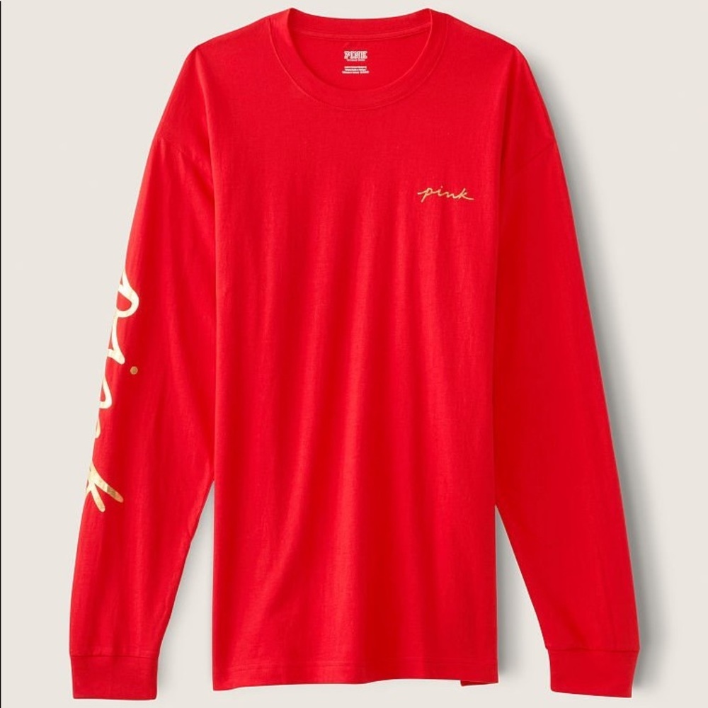 Victoria’s Secret PINK Campus Long Sleeve Tee Red W/ Gold Foil Logo XL NEW